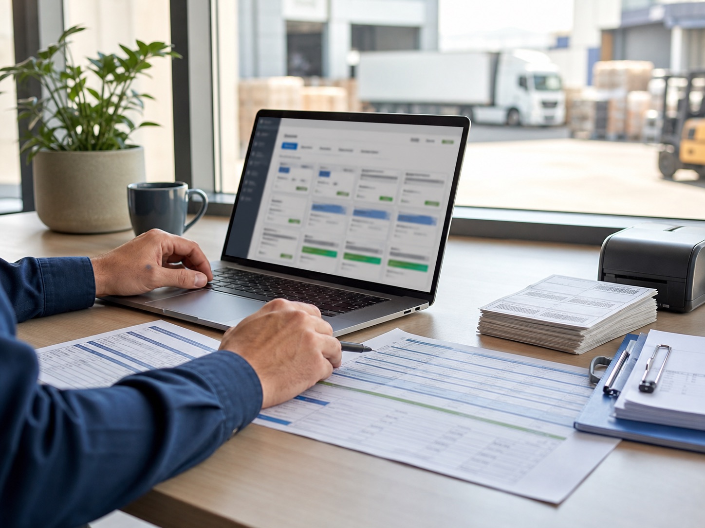 Tarifvergleich am Arbeitsplatz mit Logistikunterlagen und Laptop